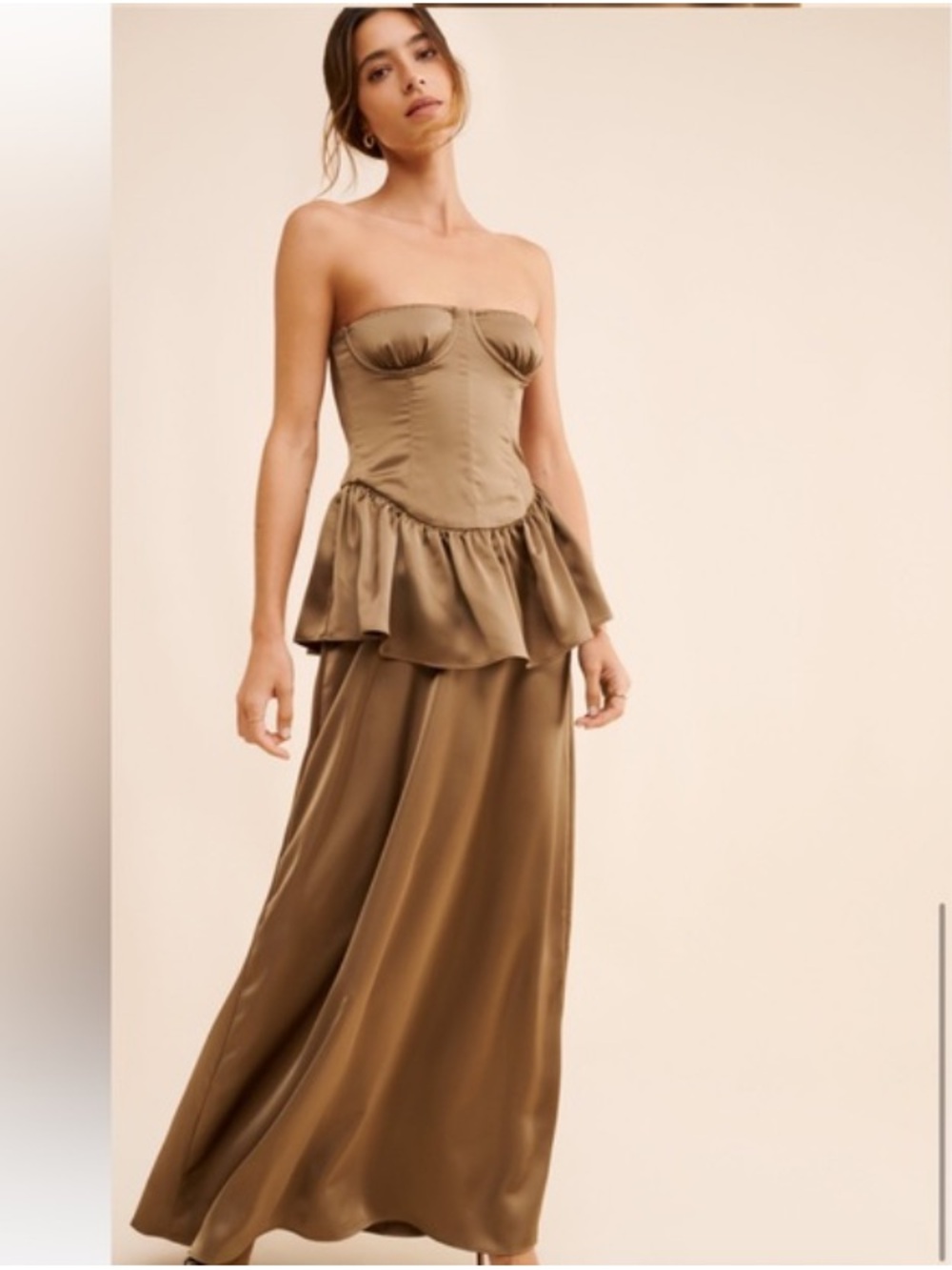 We Wore What NWT Nuuly Strapless Corset Peplum Maxi Dress Brown Satin Size 12